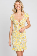 Yellow Floral Knotted Front Smocked Fitted Mini Dress