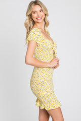 Yellow Floral Knotted Front Smocked Fitted Mini Dress