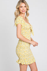 Yellow Floral Knotted Front Smocked Fitted Mini Dress