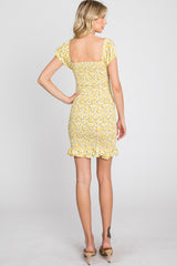 Yellow Floral Knotted Front Smocked Fitted Mini Dress