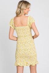 Yellow Floral Knotted Front Smocked Fitted Mini Dress