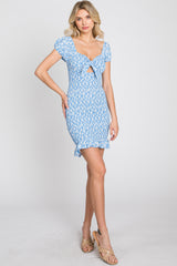 Blue Floral Knotted Front Smocked Fitted Mini Dress