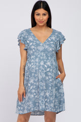 Blue Floral Ruffle Sleeve Maternity Dress