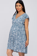 Blue Floral Ruffle Sleeve Maternity Dress