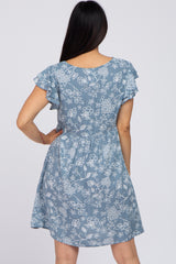 Blue Floral Ruffle Sleeve Maternity Dress