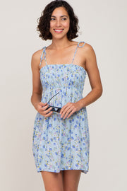 Light Blue Floral Smocked Square Neck Shoulder Tie Mini Dress