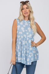 Blue Floral Ruffle Mock Neck Babydoll Blouse