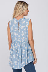 Blue Floral Ruffle Mock Neck Babydoll Blouse