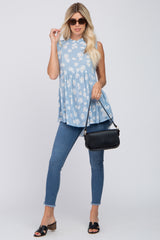 Blue Floral Ruffle Mock Neck Babydoll Blouse