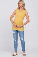 Yellow Ribbed Button Accent Maternity Tank