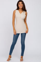 Beige Ribbed Button Accent Tank