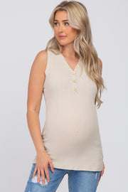 Beige Ribbed Button Accent Maternity Tank