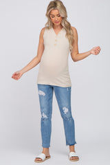 Beige Ribbed Button Accent Maternity Tank