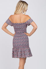 Purple Ditsy Floral Off Shoulder Dress