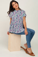 Blue Floral Tiered Mock Neck Top