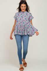 Blue Floral Tiered Mock Neck Top