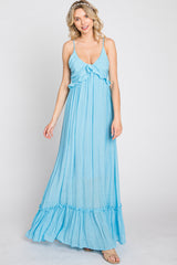 Light Blue Sleeveless Ruffle V-Neck Maxi Dress