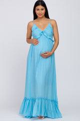 Light Blue Sleeveless Ruffle V-Neck Maternity Maxi Dress