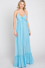 Light Blue Sleeveless Ruffle V-Neck Maxi Dress