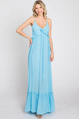 Light Blue Sleeveless Ruffle V-Neck Maxi Dress