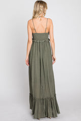 Olive Sleeveless Ruffle V-Neck Maxi Dress