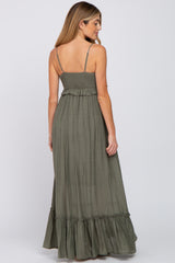 Olive Sleeveless Ruffle V-Neck Maternity Maxi Dress