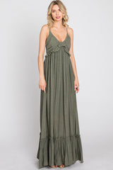 Olive Sleeveless Ruffle V-Neck Maxi Dress