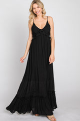 Black Sleeveless Ruffle V-Neck Maternity Maxi Dress