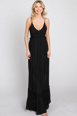 Black Sleeveless Ruffle V-Neck Maxi Dress