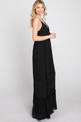 Black Sleeveless Ruffle V-Neck Maxi Dress