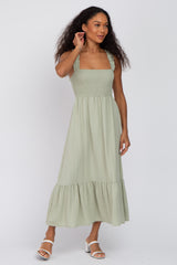 Light Olive Smocked Maternity Midi Dress