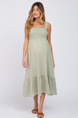 Light Olive Smocked Maternity Midi Dress