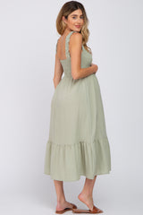 Light Olive Smocked Maternity Midi Dress