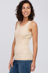 Yellow Ribbed Button Neckline Tank