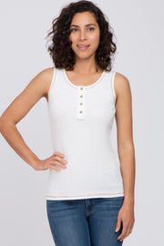 White Ribbed Button Neckline Tank