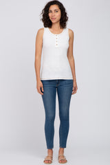 White Ribbed Button Neckline Tank