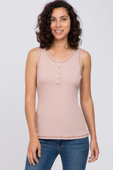 Pink Ribbed Button Neckline Tank