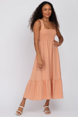 Peach Smocked Maternity Midi Dress