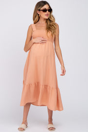 Peach Smocked Maternity Midi Dress