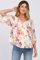 Ivory Floral V-Neck Ruffle Sleeve Maternity Blouse