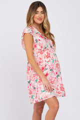 Pink Floral Ruffle Sleeve Babydoll Maternity Dress