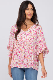 Pink Floral Pleated Front Ruffle Sleeve Hi-Low Top