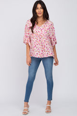 Pink Floral Pleated Front Ruffle Sleeve Hi-Low Top