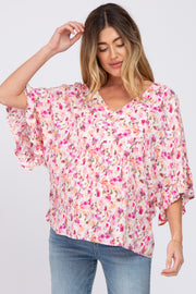 Pink Floral Pleated Front Ruffle Sleeve Hi-Low Maternity Top