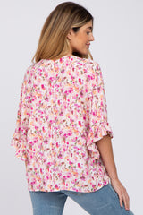 Pink Floral Pleated Front Ruffle Sleeve Hi-Low Maternity Top