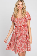 Red Floral Crochet Accent Maternity Dress