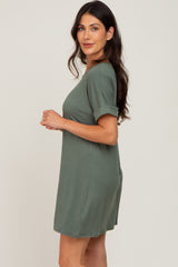 Olive Soft Knit Cuffed Short Sleeve Dress