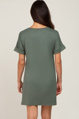 Olive Soft Knit Cuffed Short Sleeve Dress