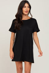 Black Soft Knit Cuffed Short Sleeve Dress