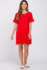 Red Soft Knit Cuffed Short Sleeve Maternity Dress